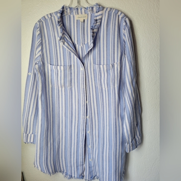 Cloth & Stone Blue and White Striped Button-Up Tunic Shirt Size M - Picture 1 of 9